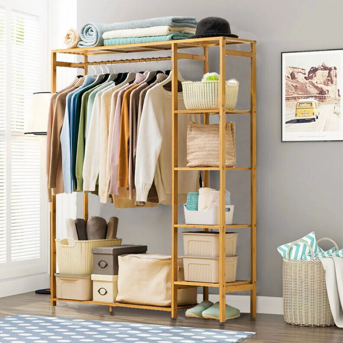 Bamboo Wood Clothes Rail | Open Clothes Rack with 6 Shelves | Natural