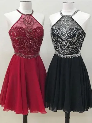 Black Red Organza Halter Beaded Cheap A-line Short Homecoming Dresses, CM598