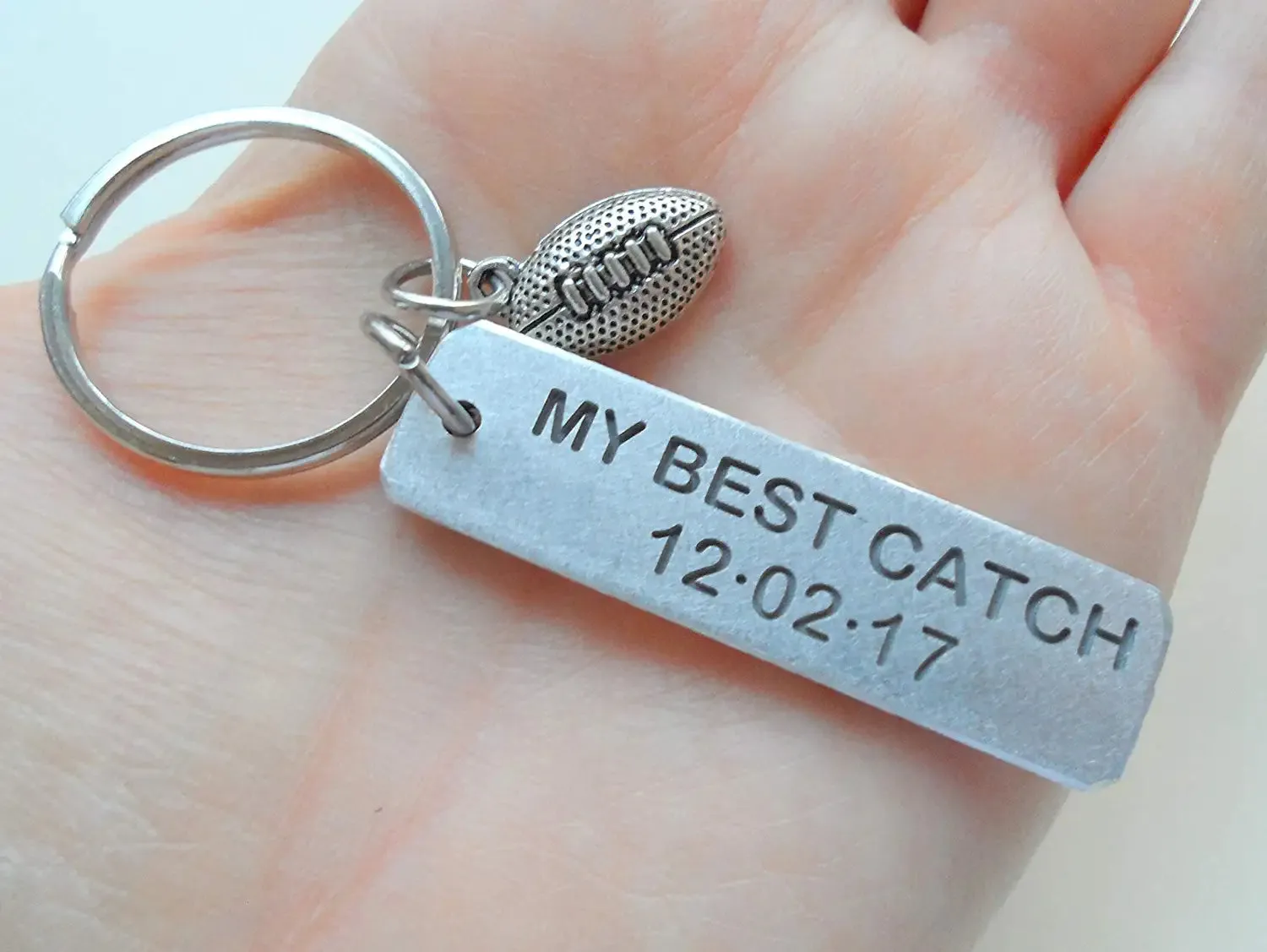 Custom Engraved "My Best Catch" and Anniversary Date Aluminum Keychain with Football Charm; Couples Anniversary Gift