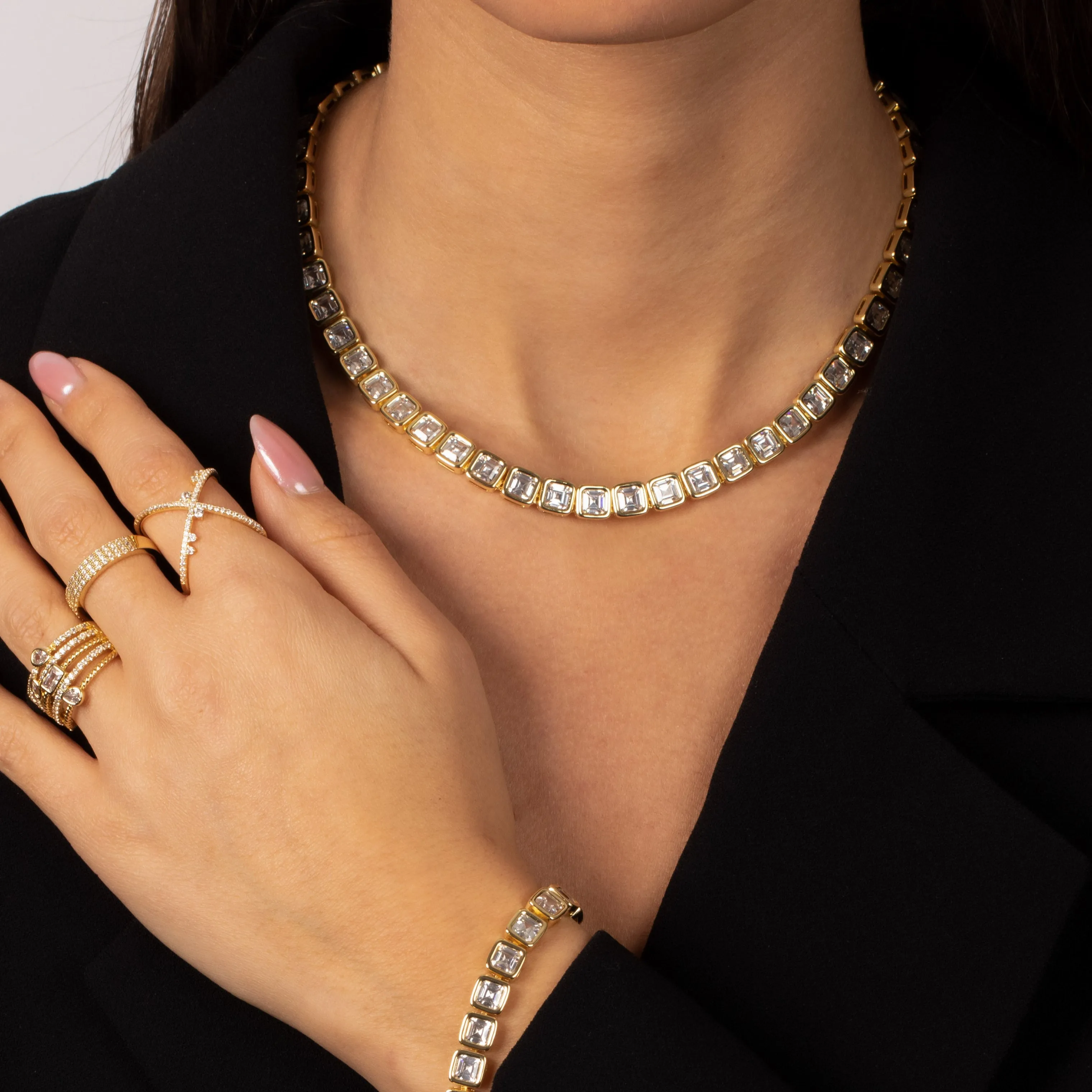 CZ Princess Cut Bezel Tennis Necklace