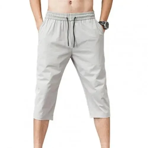 Elastic Waist Men Drawstring 3/4 Length Trousers
