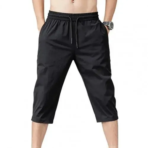 Elastic Waist Men Drawstring 3/4 Length Trousers