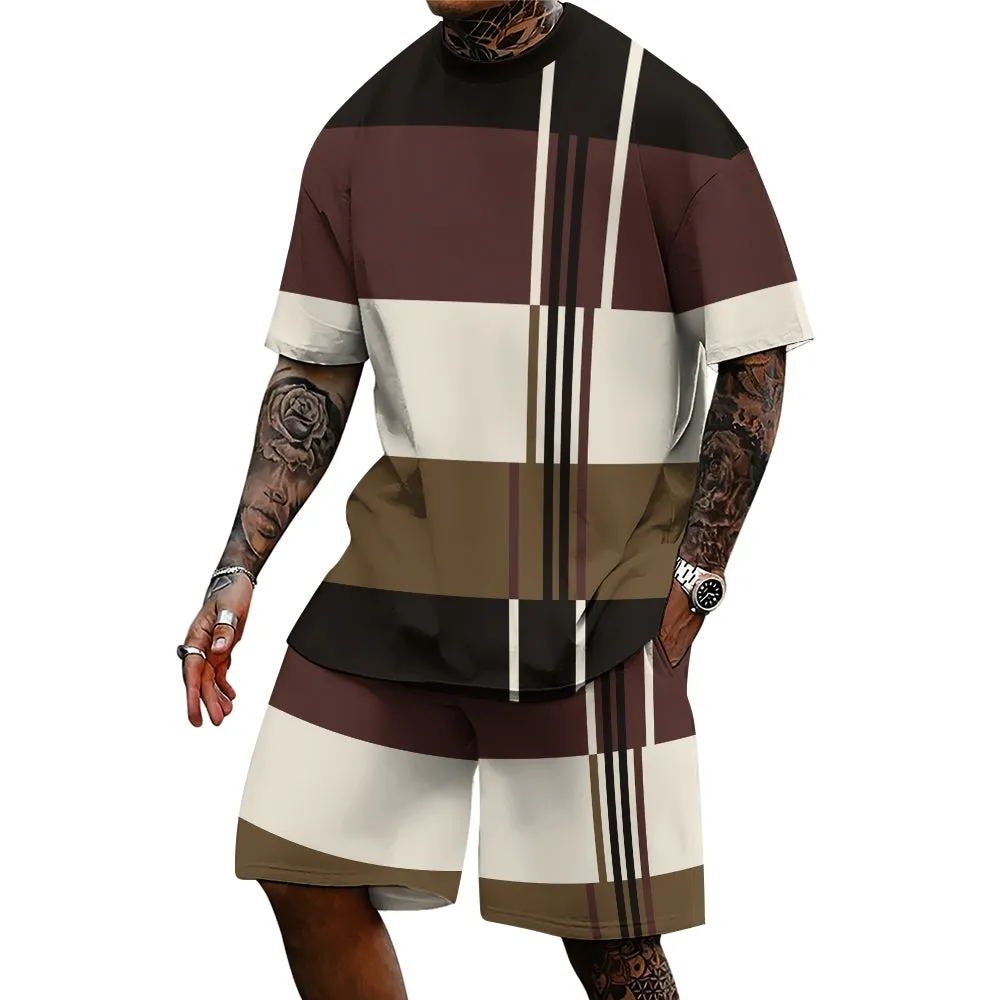Mens Colorblock Print Short Sleeve T-shirt & Shorts Set