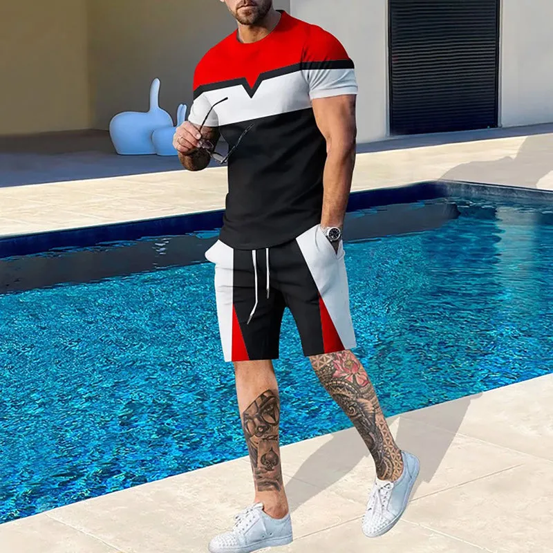 Men's contrast color geometric print short-sleeved T-shirt and shorts two-piece set