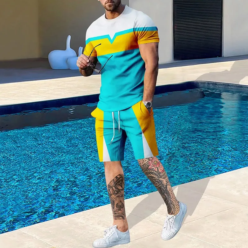 Men's contrast color geometric print short-sleeved T-shirt and shorts two-piece set