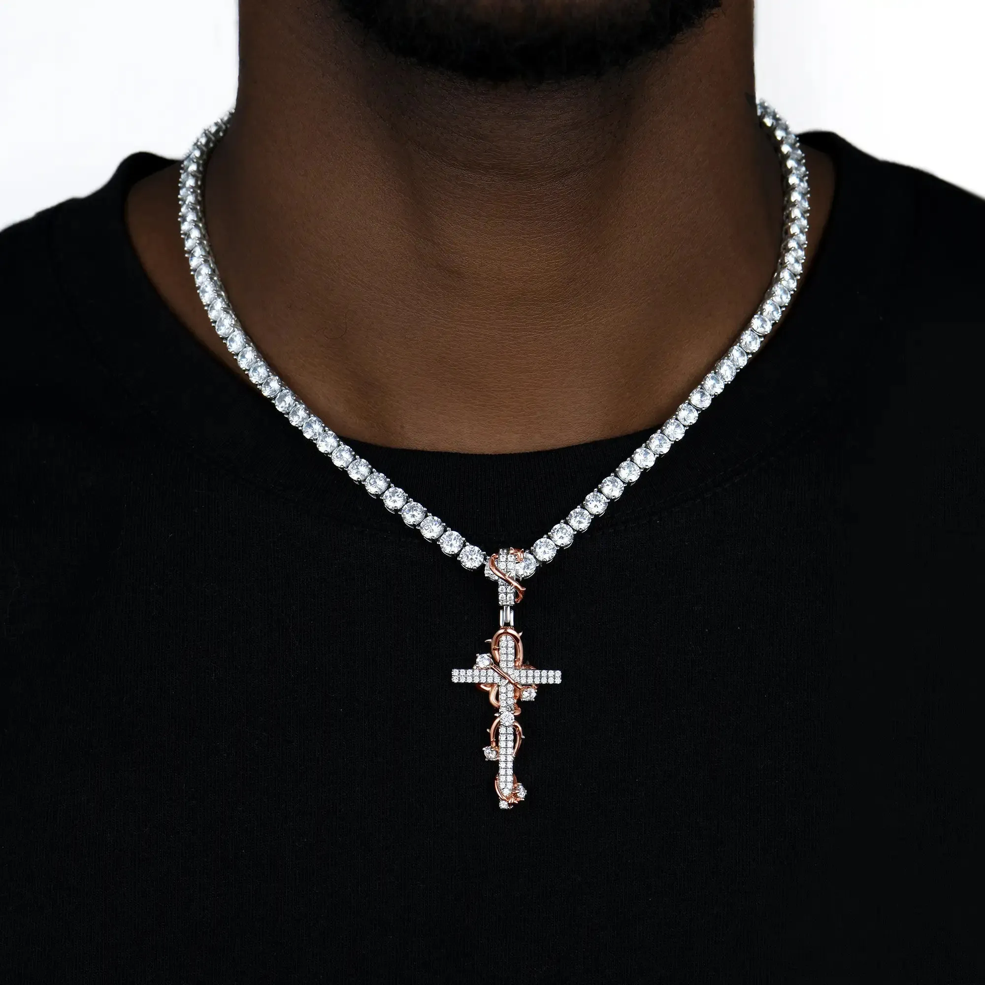 Moissanite Thorned Rose Cross Pendant